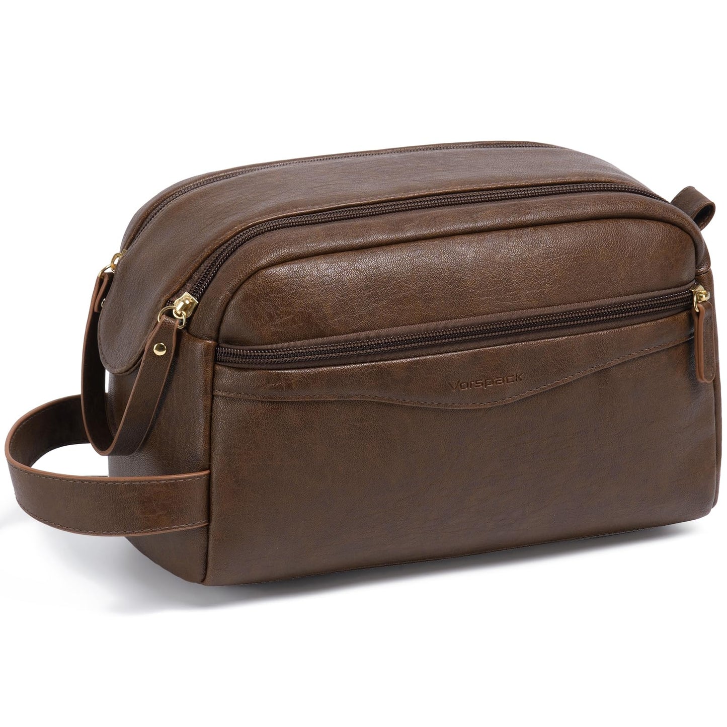 Vorspack PU Leather Toiletry Bag for Men, Water-Resistant Travel Bag for Toiletries, Wide Opening Bathroom Organizer for Shaving, Grooming, Skincare - Dark Brown