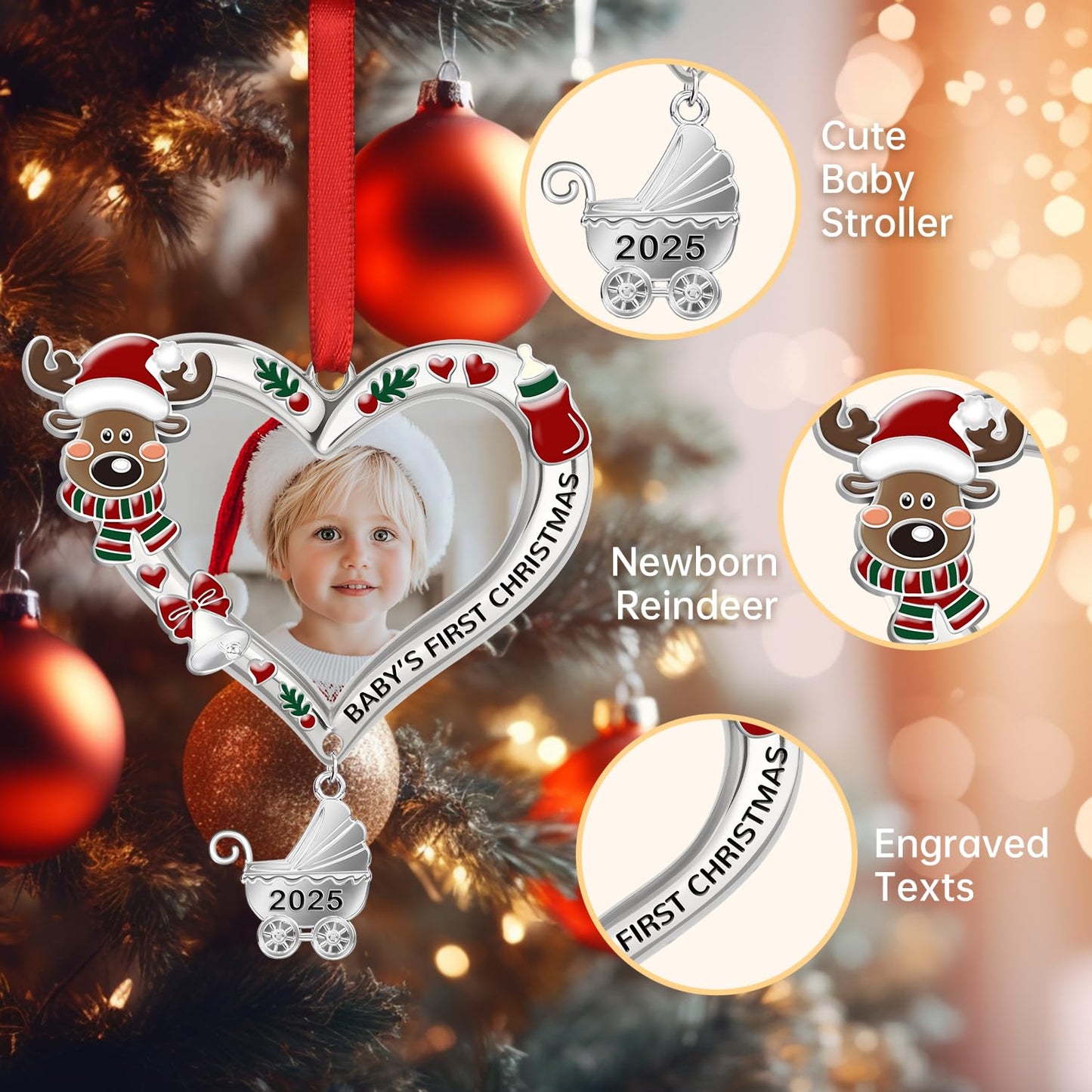 Baby's First Christmas Ornament 2025 – My First Christmas Baby Girl Boy Xmas Tree Picture Frame Reindeer Ornament 2025 – Personalized 1st Christmas Baby Ornament