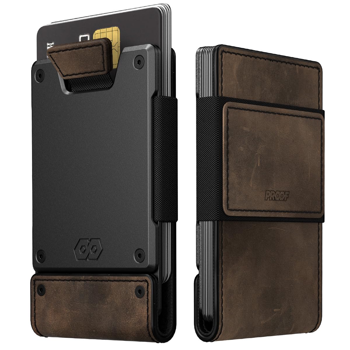 PROOF Wallet | Slim Minimalist Wallets for Men | Leather & Metal | RFID Wallet | Front/Back Pocket | Gift Box | Veteran Owned (Founder (Brown Leather | Dark Gun Metal))