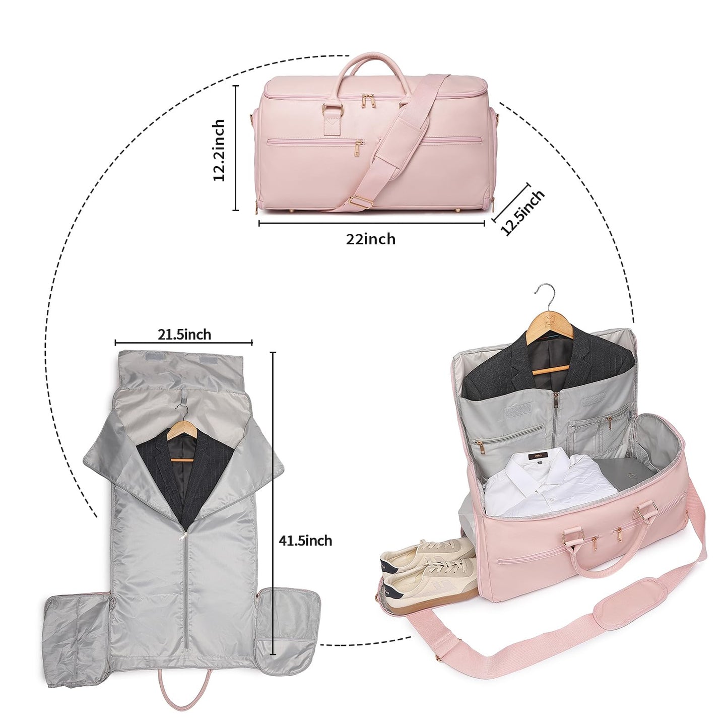 seyfocnia Convertible Travel Garment Bag, Carry On Garment Bag for Women, 2 in 1 Hanging Suitcase Suit Business Travel Bag Weekender Bag, Pink