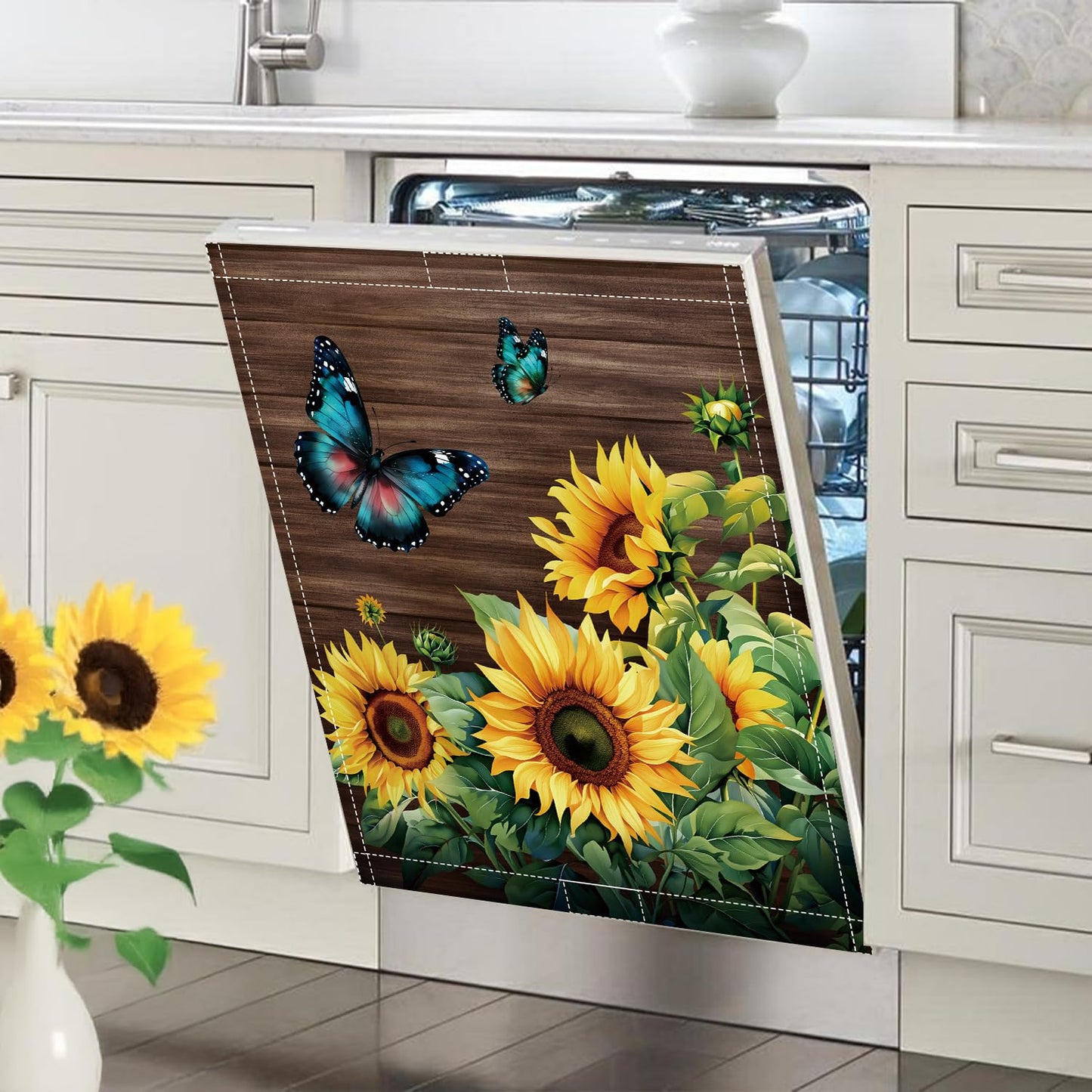 Sunflower Dishwasher Magnet Cover 23x26in Blue Butterfly Dishwasher Cover for Washers Fridge Panel, Floral Magnetic Covers for Kitchen, Machine Door Covers Decor, Spring Summer Kitchen Decor