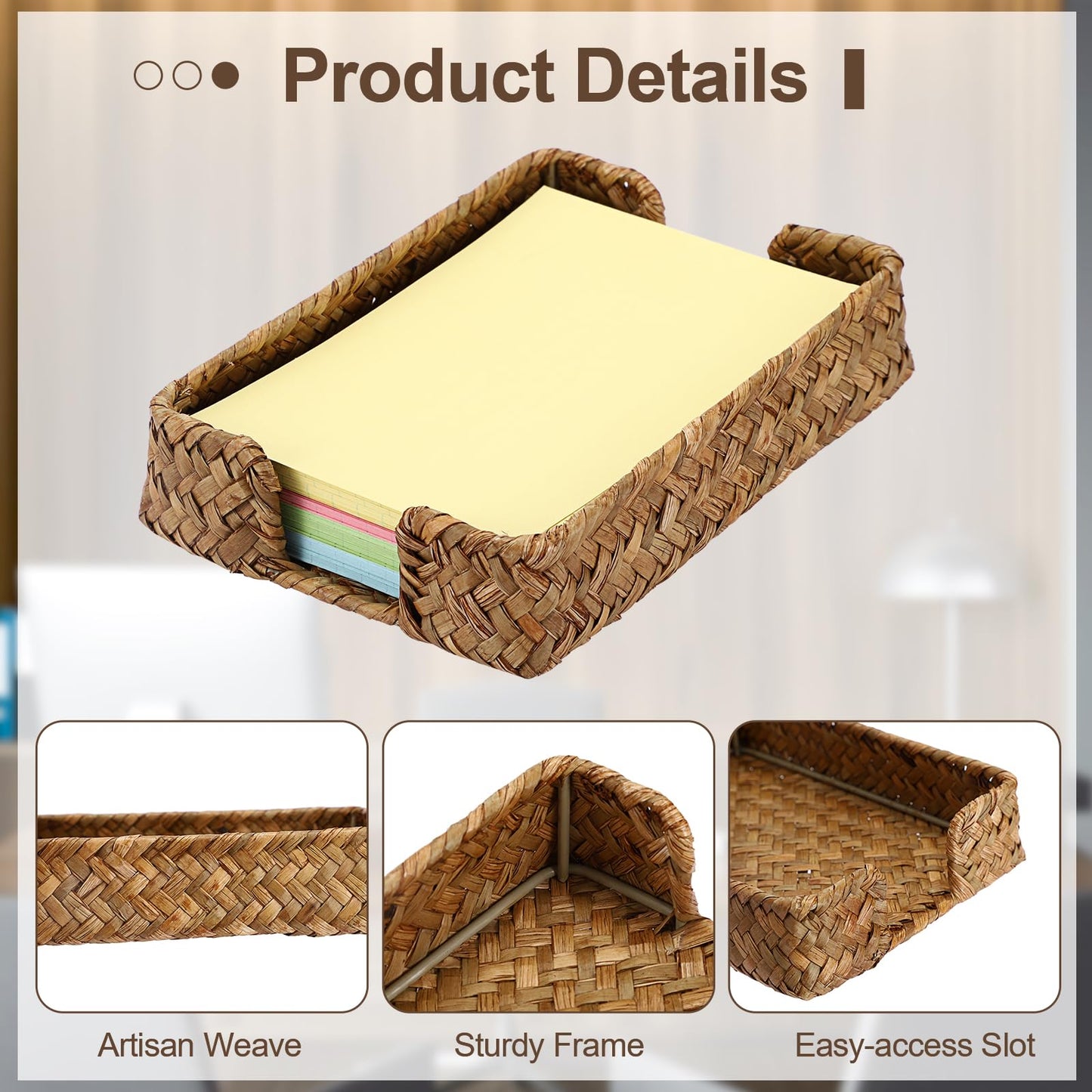 BTSKY Handwoven Sticky Note Holder for 4x6 Inch Sticky Notes, Seagrass Post It Note Dispenser, Rustic Notepad Holder, Notes Storage Container for Desk Organization Planning, Home Office, Caramel