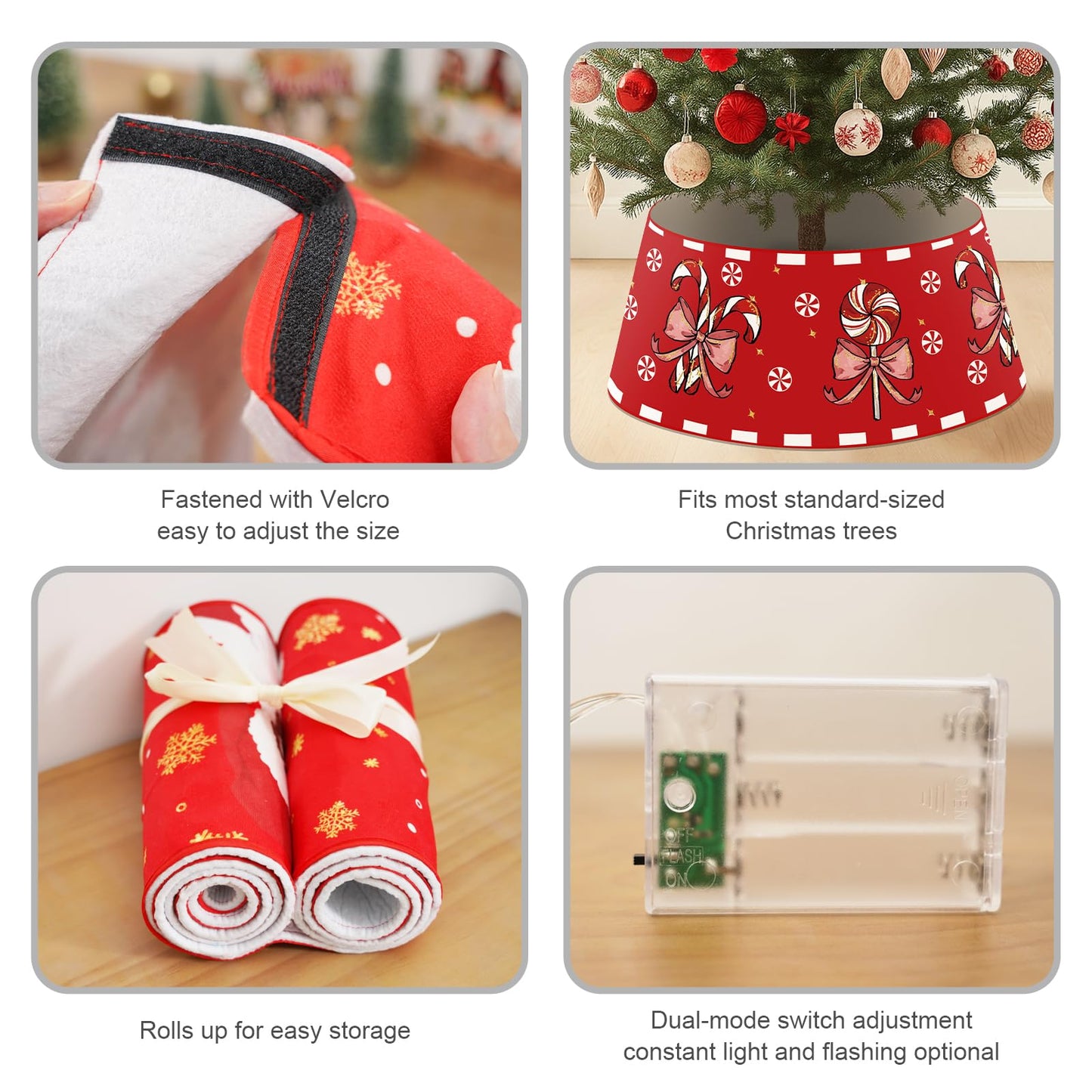 Christmas Candy Cane Tree Collar with LED Light Red Tree Skirt Blue Ring Base Cover for Christmas Trees Decoration Holiday Indoor Outdoor