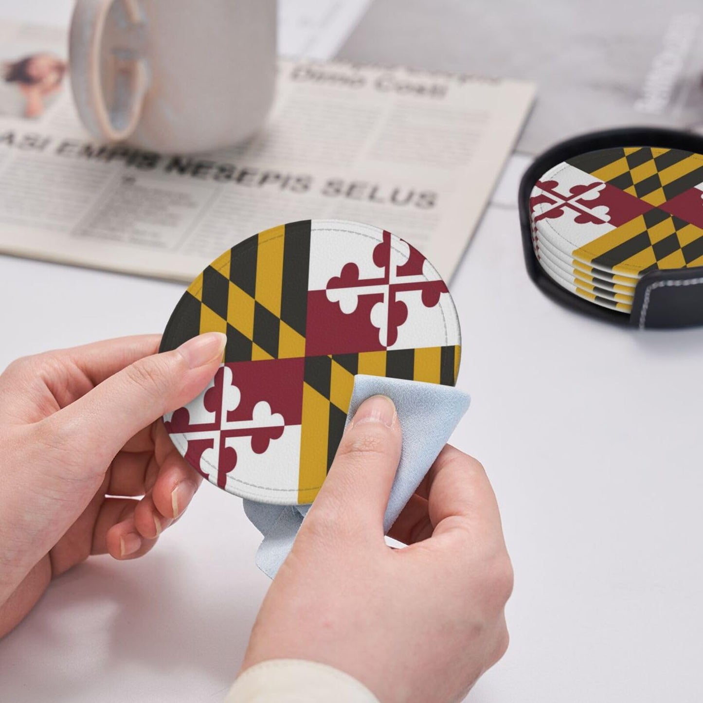 6 Pack Maryland State Flag Leather Coaster with Holder for Drinks- Heat Resistant Non-Slip National Flag Funny Coasters for Wooden Table Coffee Bar Kitchen Decor Housewarming, Set of 6