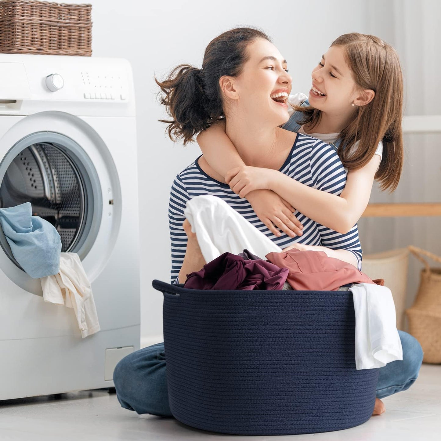 Extra Large Blanket Basket, Maliton Cotton Rope Bin for Toys, Woven Laundry Hamper with Handles, Decorative Storage for Living Room, Bedroom, Kids Room, Bathroom, 22" x 22" x 14", Blue