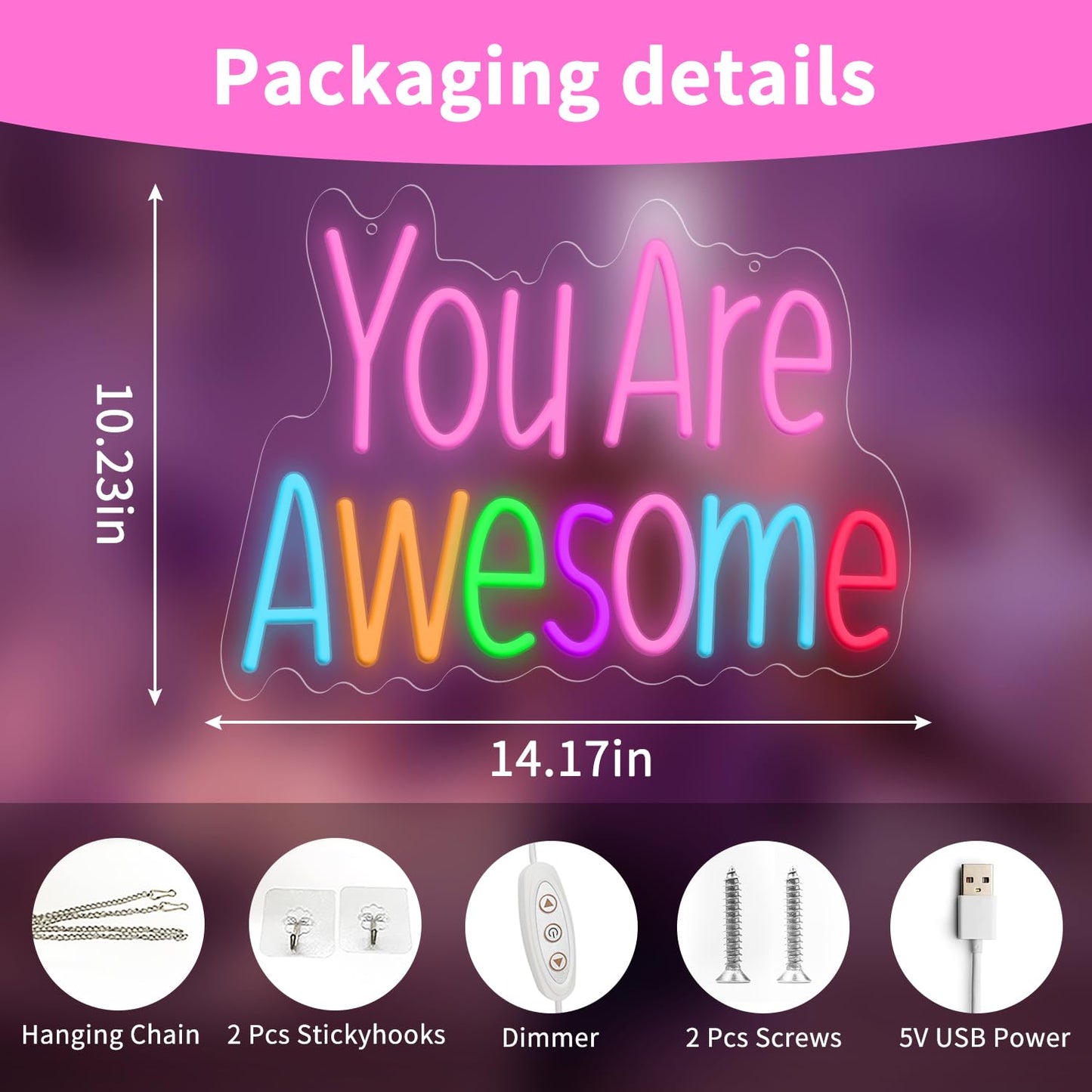 You Are Awesome Neon Sign, Dimmable LED Neon Signs for Wall Decor, USB Powered Neon Light Sign Wall Art for Bedroom Christmas Party Classroom, Postive Aesthetic Decoration 14.17 x 10.24"
