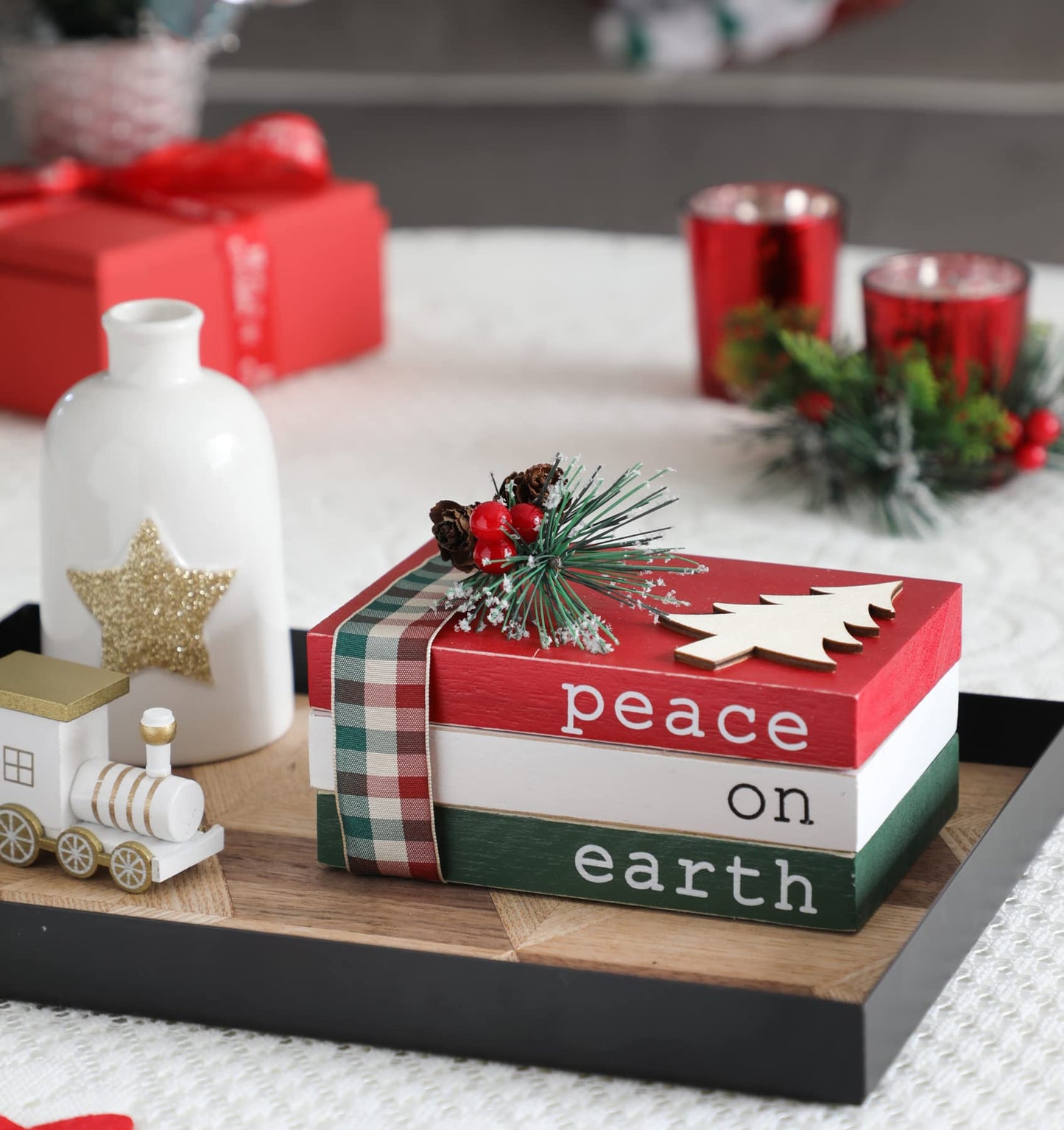 Christmas Wood Book Stack, Christmas Tiered Tray Decor, Peace on Earth Mini Faux Decorative Books with Pine Berry, Farmhouse Book Decor for Home Table Mantle Shelf