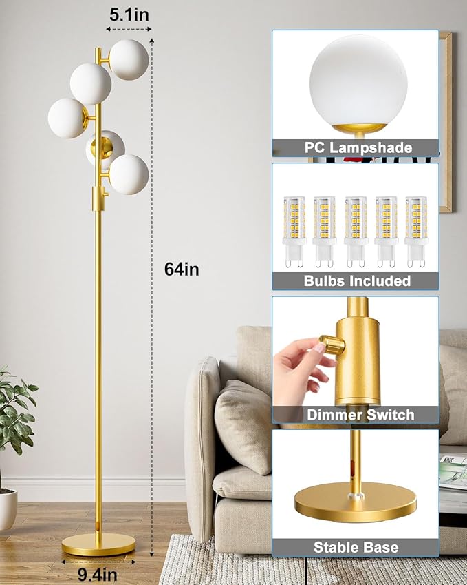 Lightdot Dimmable Globe Floor Lamp Mid Century Modern Floor Lamp with 5Pcs 3000K G9 Bulbs Stepless Brightness Adjustable Gold Standing Lamps with Stable Base for Living Room Bedroom Office