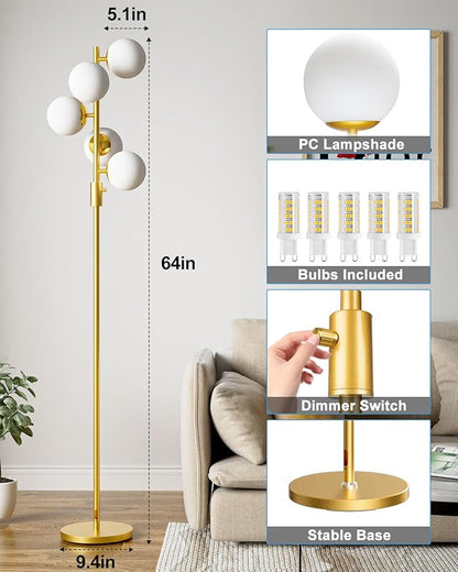 Lightdot Dimmable Globe Floor Lamp Mid Century Modern Floor Lamp with 5Pcs 3000K G9 Bulbs Stepless Brightness Adjustable Gold Standing Lamps with Stable Base for Living Room Bedroom Office