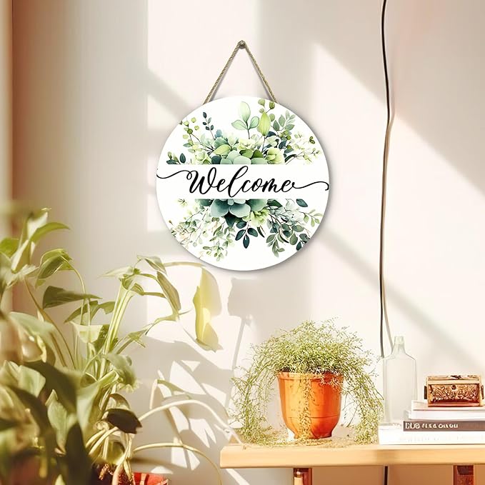 Spring Summer Welcome Door Sign Green Eucalyptus Leaf Wooden Door Hanger Floral Leaves Front Door Hanging Sign for Outdoor Home Farmhouse Porch Sign Decor