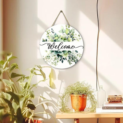 Spring Summer Welcome Door Sign Green Eucalyptus Leaf Wooden Door Hanger Floral Leaves Front Door Hanging Sign for Outdoor Home Farmhouse Porch Sign Decor