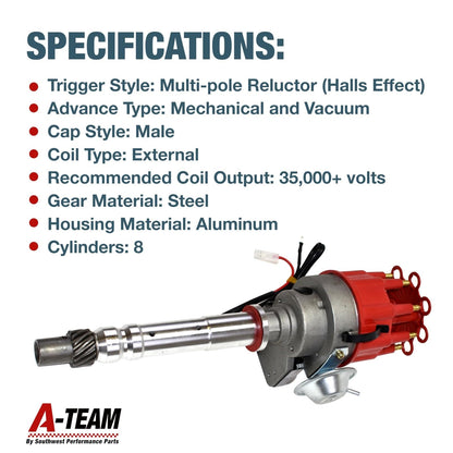 A-Team Performance R2R Complete Distributor - Ready 2 Run Compatible with Chevy SBC BBC 283-454 Series - Automotive Replacement Ignition Parts Two-Wire Installation with Red Cap