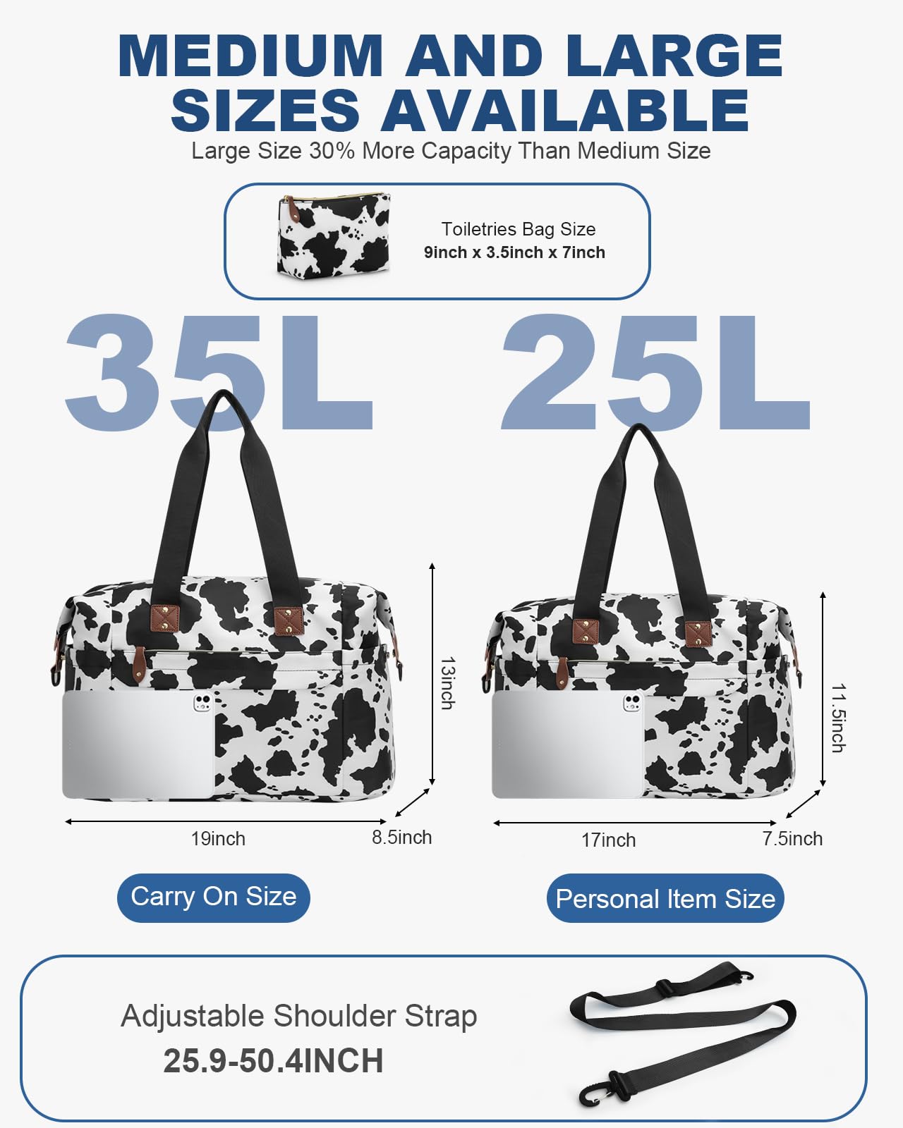 Pritent Travel Duffle Bag, Waterproof Weekender Overnight Hospital Bags for Women Men with Toiletry Bag Lightweight Personal Item Duffle Gym Bag for Travel, Airplanes, Sports(Cow Print, Large)