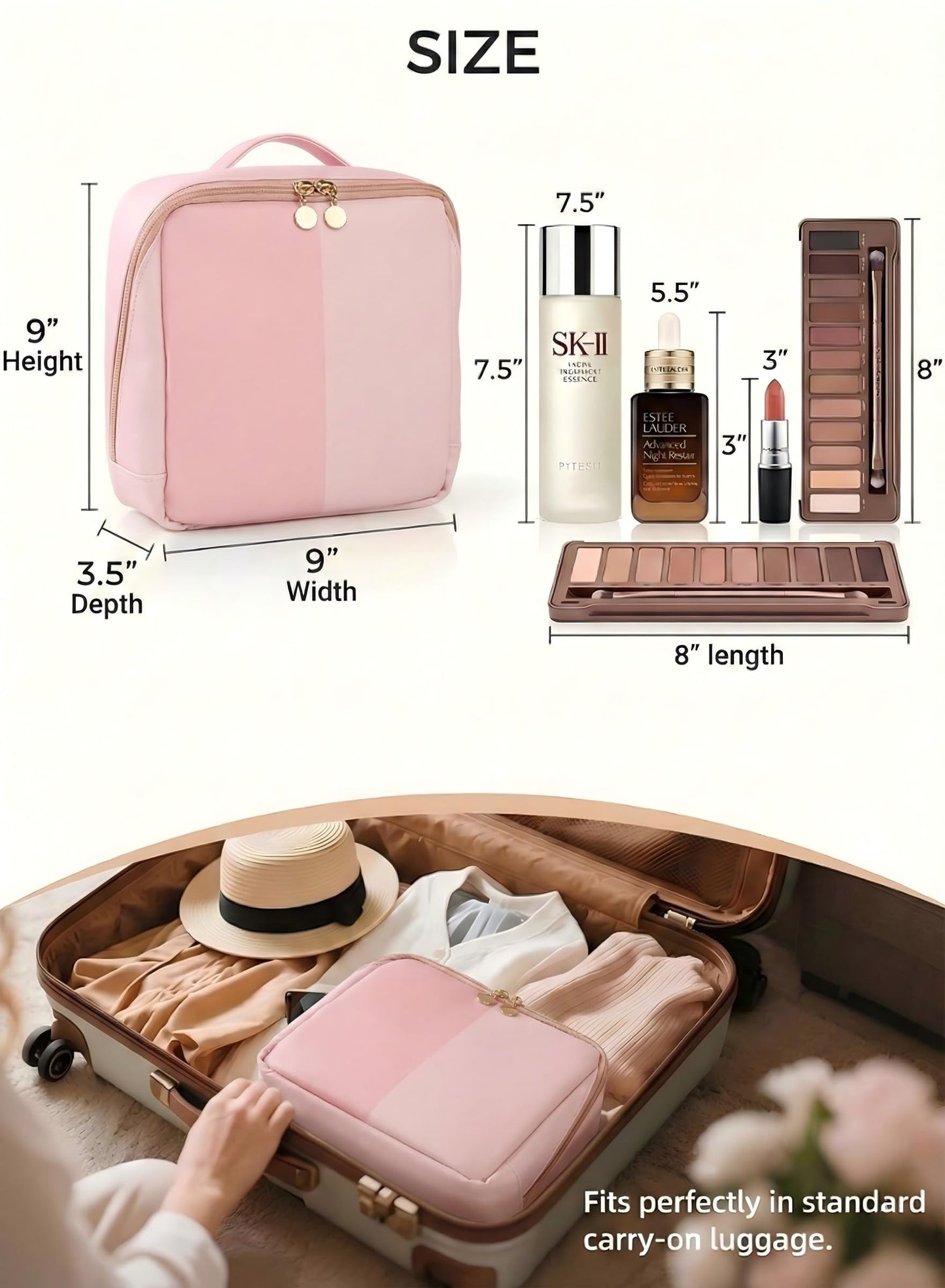 Lucatherine Large Standing Makeup Bag, Sturdy PU Leather Cosmetic Organizer with Fold-Down Phone Tray, Waterproof Travel Toiletry Case with Wipeable TPU Brush Holder, 9.5 Inch, Pink