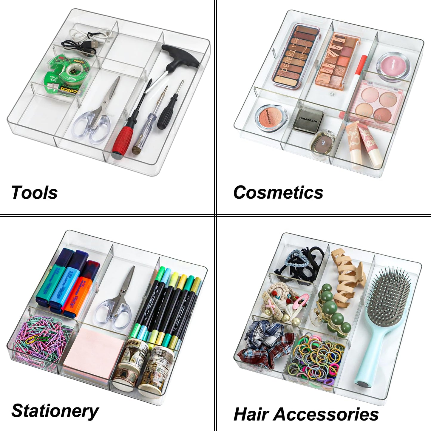 ZEXALOR Adjustable Clear Drawer Organizer, Plastic Drawer Divider Tray with Removable 9 Sections for Desk,Bathroom,Office,Makeup,Junk