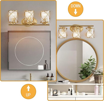 Mavcadonf Modern Vanity Lights with Cage Shade - 3 Lights, Brushed Gold, Over Mirror, for Bathroom & Kitchen