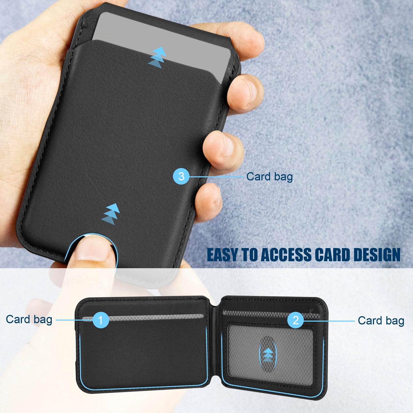 Rumwot for MagSafe Phone Wallet, Genuine Leather Magnetic Card Holder for iPhone, Magsafe Phone Wallet with Adjustable Bracket, 3 Card Holders, Compatible with iPhone 16/15/14/13/12 Series (Black)