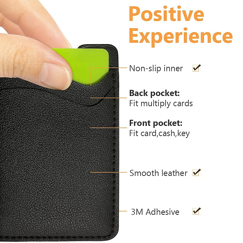 Leather Phone Wallet, Stick On Card Holder for Back of Phone Case - Compatible with Most Cell Phones (iPhone, Samsung) - 2Pack Black
