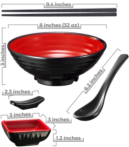 Practimondo 4 Noodle Bowls Set - large 32oz Ramen Bowl Set for authentic Asian Cuisine - with Dipping Bowls, Spoons, Chopsticks & Chopstick Stands. Enjoy Thai Miso Udon Wonton (4 Bowl Set, Red-Black)
