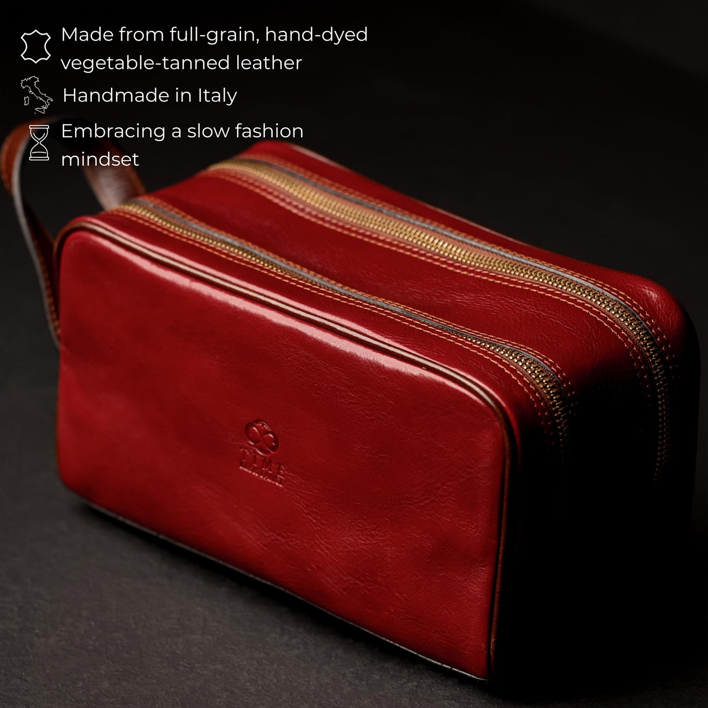 Time Resistance Leather Cosmetic Bag - Italian Toiletry Dopp Kit (Red)