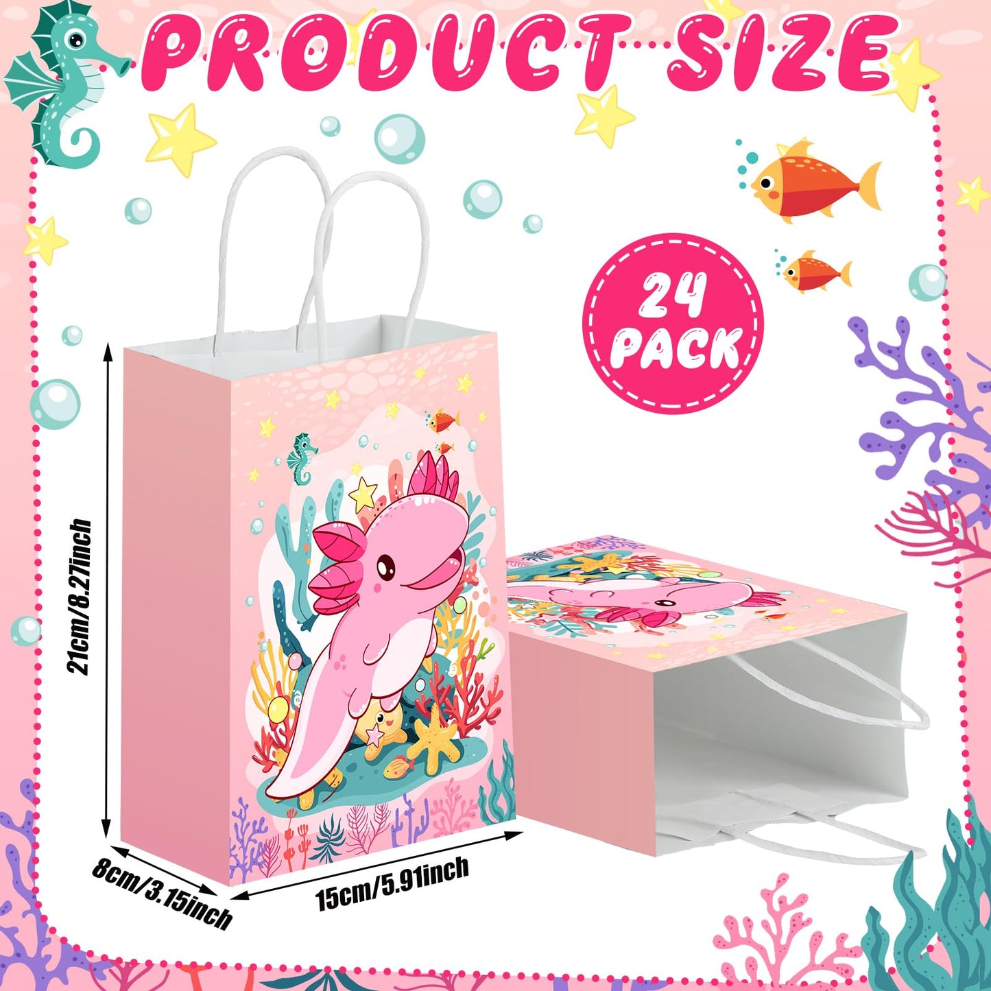 Kolldenn 24 Pcs Axolotl Party Favors Bags Amphibian Themed Gift Paper Goodie Bags Cute Animals Candy Treat Pouch‌ with Handles for Axolotl Themed Birthday Party Decorations Supplies