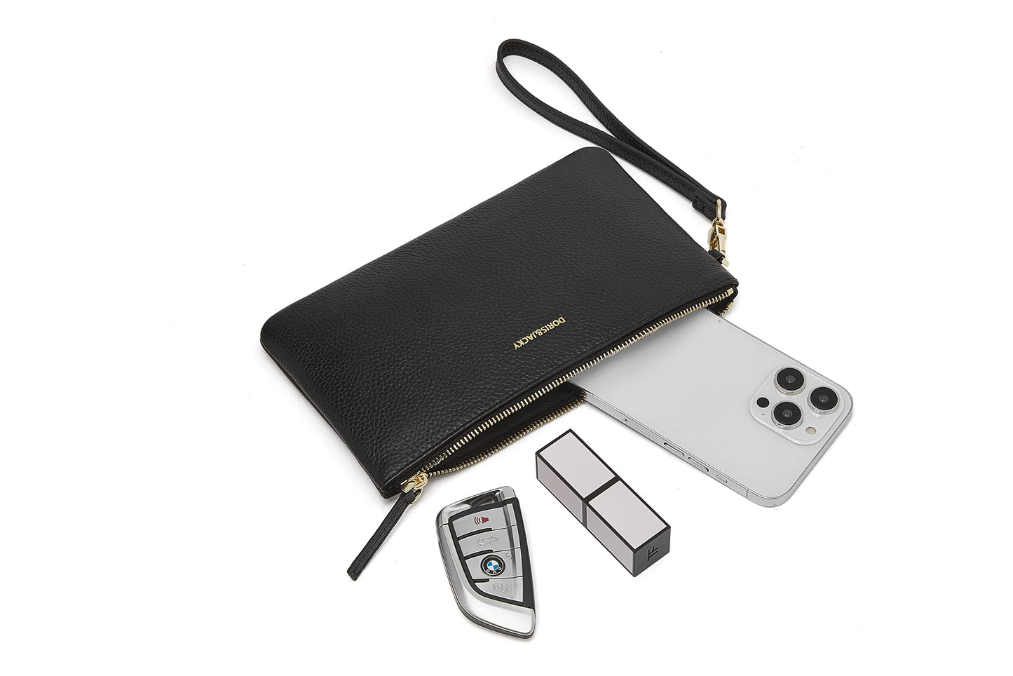 DORIS&JACKY Small Leather Wristlet Clutch Purse for Women Slim Designer Wallet and Cellphone Pouch Bag With Detachable Strap (Black)
