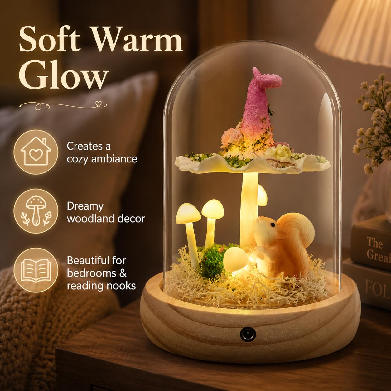 QUELIEN Mushroom Lamp in Glass Dome,Mushroom Gifts for Women - Warm LED Night Light for Bedroom Decor,Birthday Party Decorations,Ideal Birthday Gift Valentines Gift