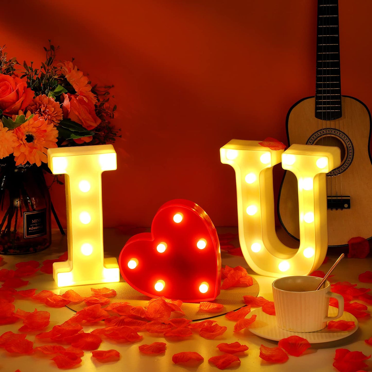 Valentine Love Sign LED Alphabet I Love You Light with Heart Marquee and 500 Pieces Plastic Rose Petals Battery Operated Letters Sign Gift for Valentines Proposal Home Table Decor