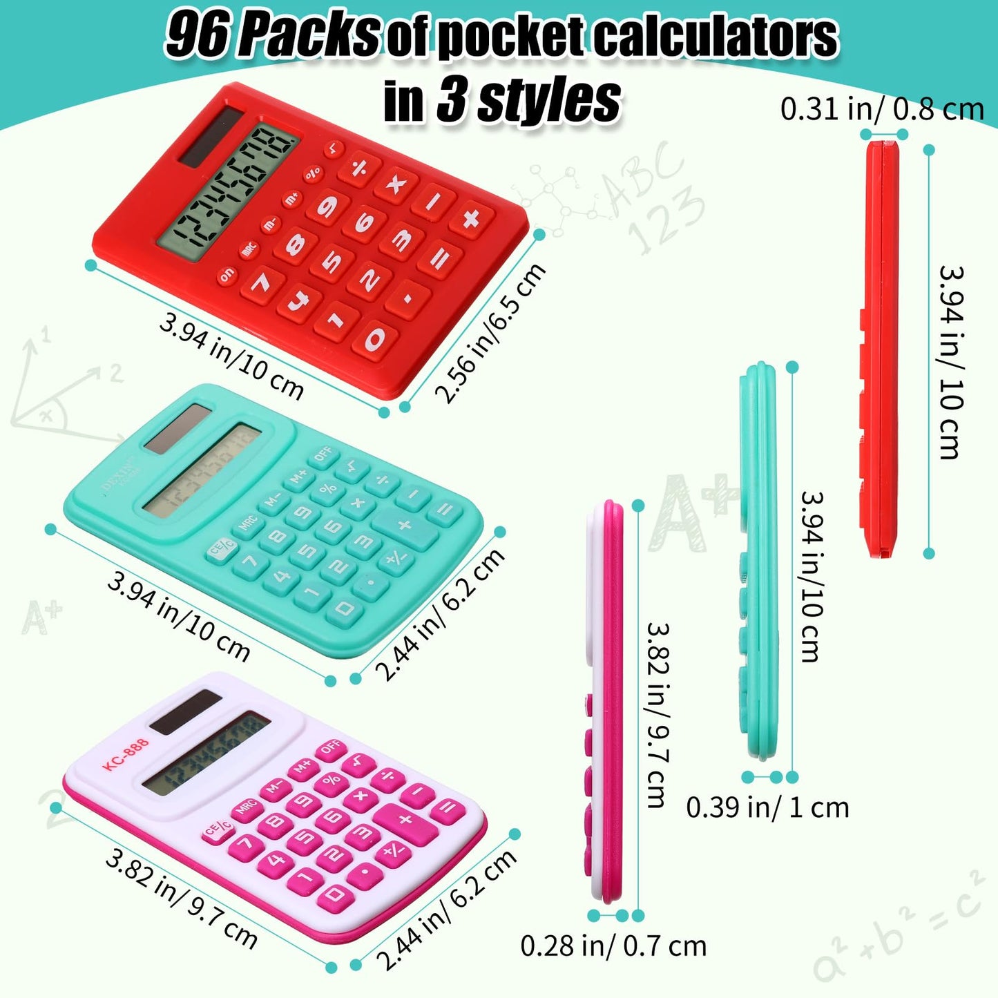 Yunsailing 96 Pcs Pocket Calculators Bulk Mini 8 Digit Handheld Calculator Small Basic Standard Calculator for Students Kids Teachers School Desktop Home Office, 3 Designs (Classic)