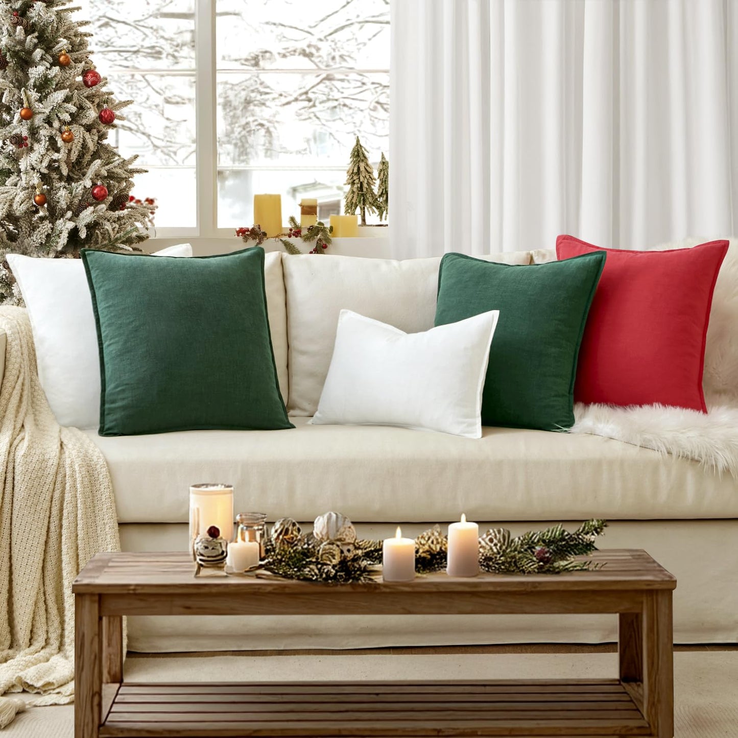 EMEMA Christmas Throw Pillow Covers Decorative Linen Pillow Covers 24x24 Inch Red Boho Farmhouse Neutral Couch Throw Pillows for Bed Pack of 2 Accent Pillowcase Modern Sofa Cushion Livingroom Home