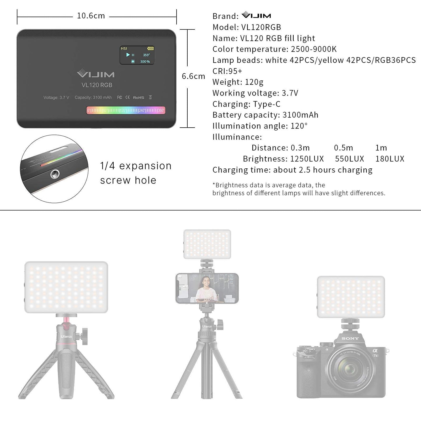 VIJIM VL120 RGB Video Light, Portable LED Camera Light Panel 0-360 Full Color, CRI 95+ 2500-9000K LED 3100mAh Rechargeable DSLR Lighting for Vlogging, Photography, Video Conference