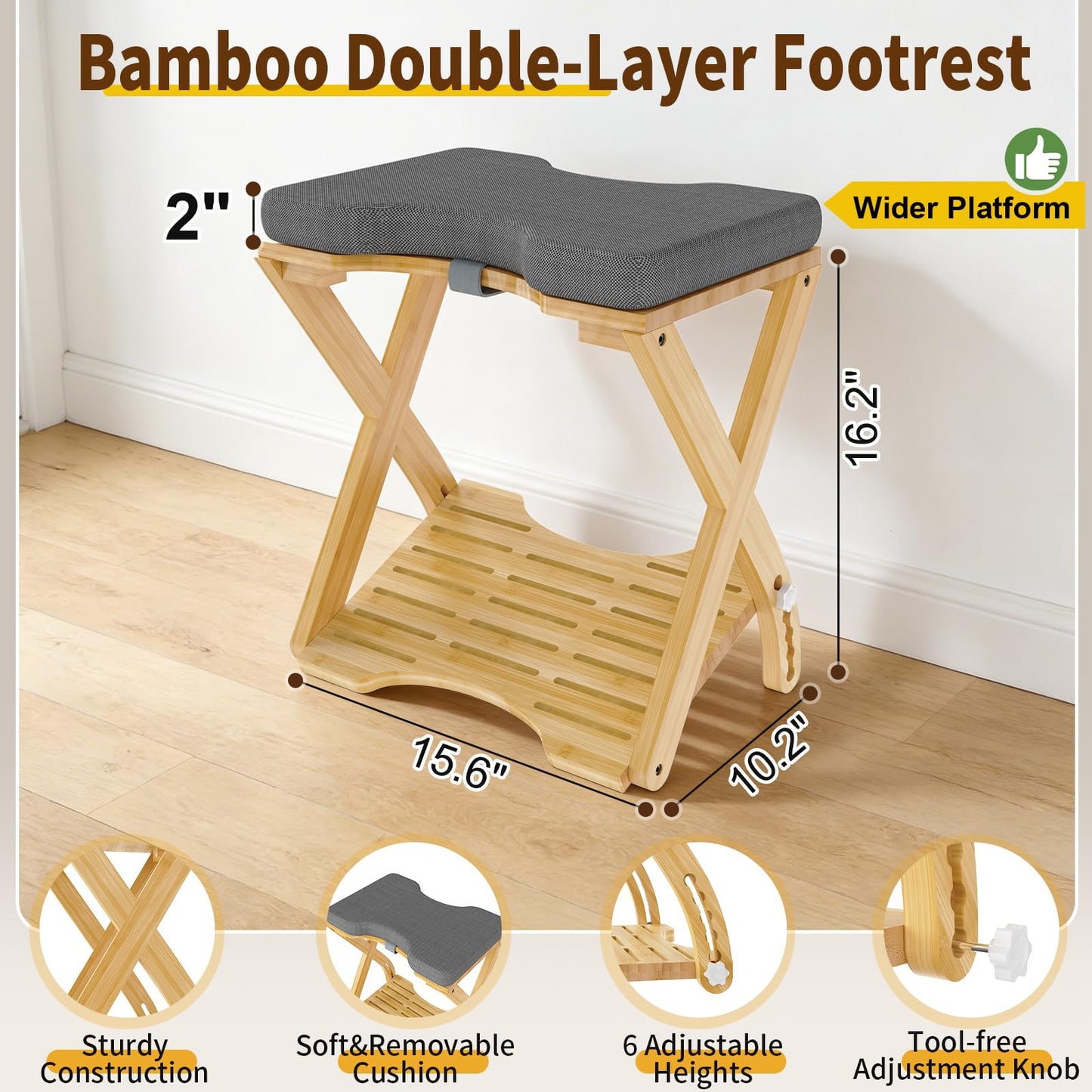 Double Step Foot Rest Under Desk at Work, Bamboo Foot Stool with 6 Adjustable Heights, Ergonomic Under Desk Footrest with Cushion for Home, Office & Gaming (Natural Color)