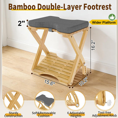 Double Step Foot Rest Under Desk at Work, Bamboo Foot Stool with 6 Adjustable Heights, Ergonomic Under Desk Footrest with Cushion for Home, Office & Gaming (Natural Color)