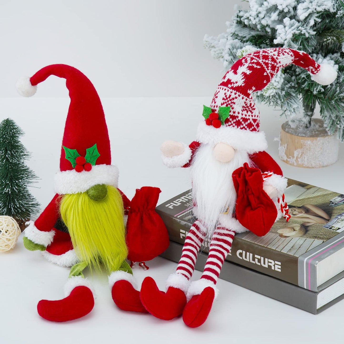BWFY 2PCS Christmas Gnomes Decorations for Home Holiday Party Gifts Elf Santa Gnome Ornaments Tiered Tray Decor