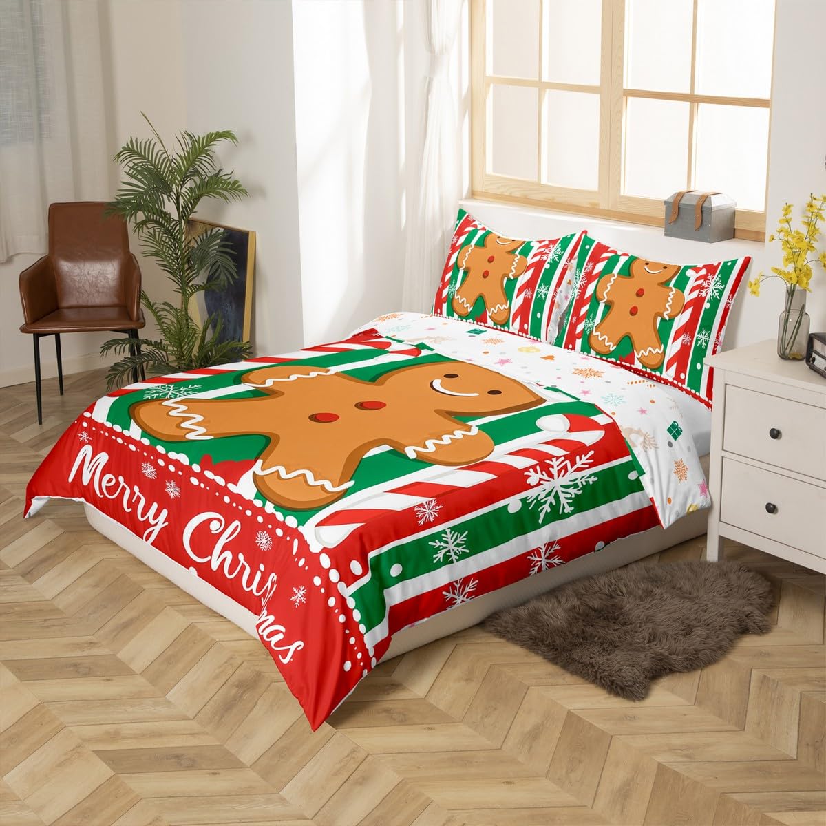 Feelyou Kids Merry Christmas Bedding Set Full Size Gingerbread Man Candy Cane Comforter Cover Set for Boys Girls Xmas Snowflake Winter Theme Duvet Cover Happy New Year Bedspread Cover (No Comforter)