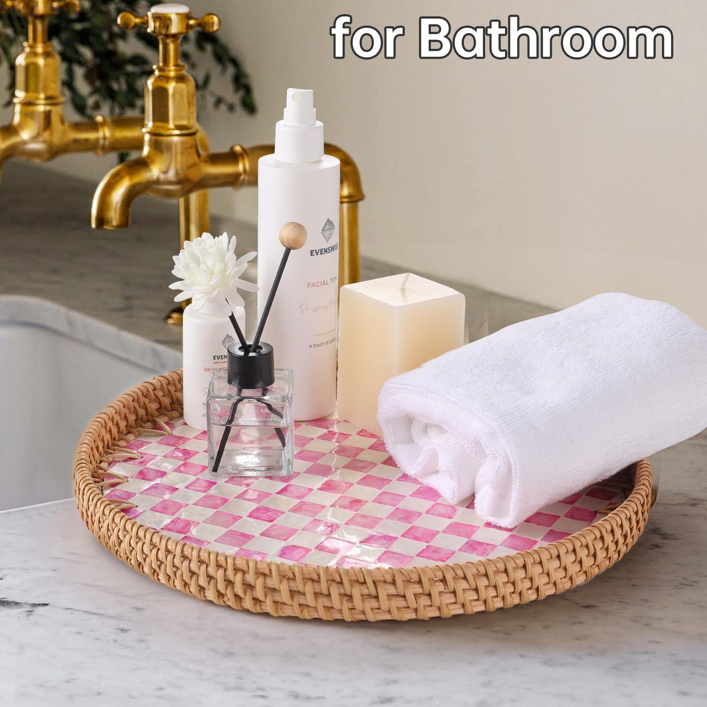 Tynulox Round Rattan Tray with Mother of Pearl Inlay, Rattan Serving Tray for Coffee, Bread, Fruits, Decorative Wicker Tray for Table Decor, Home Decor, Kitchen Island Decor(Pink Checkerboard, 11.8")
