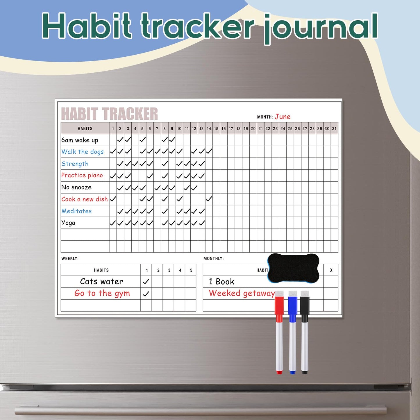 Maitys Habit Tracker for Fridge 12 x 16 Inch Magnetic Workout Tracker Journal Motivation Dry Erase Goal Habit Calendar for Whiteboard with 3 Marker Pens and 1 Eraser