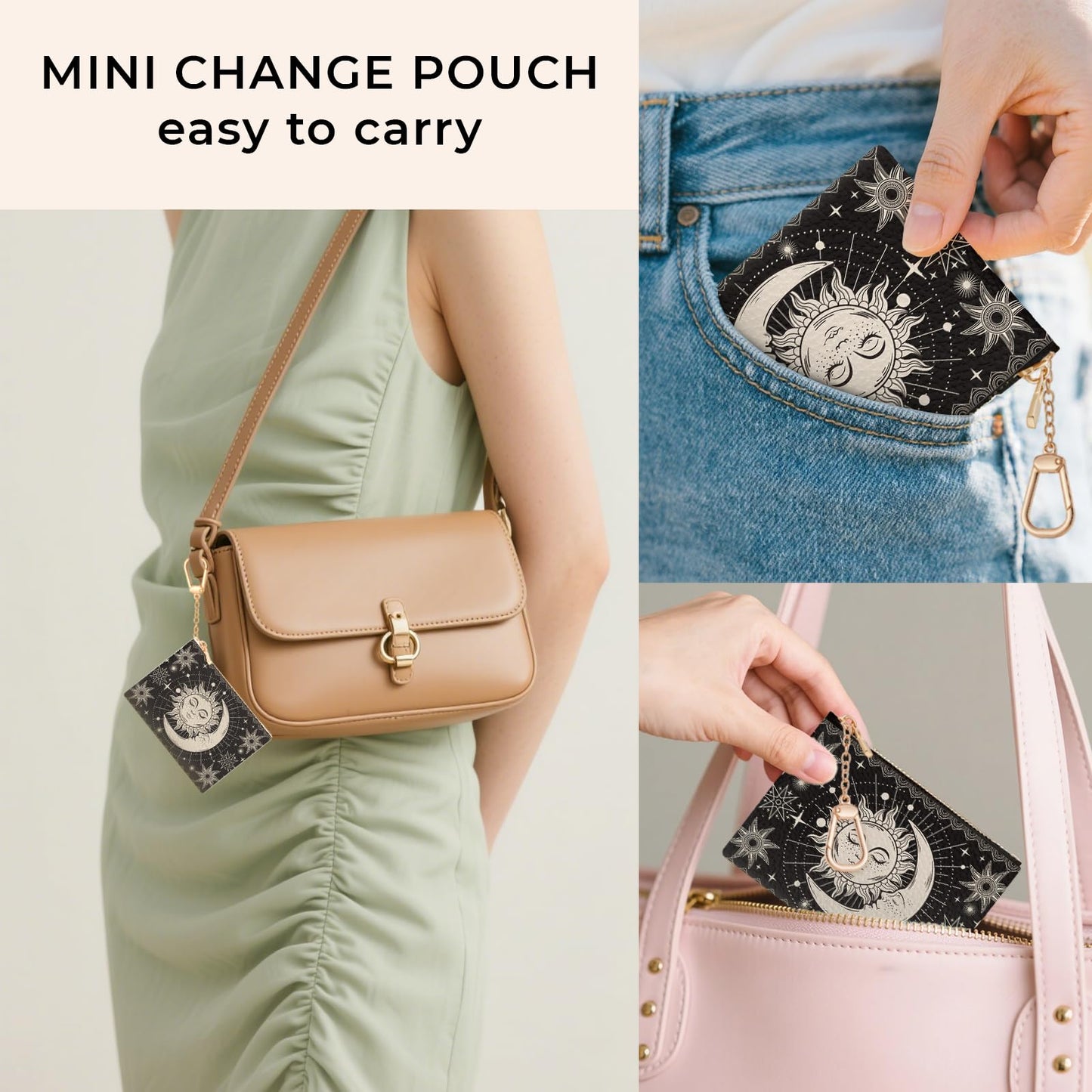 Sukyerios Sun Moon Keychain Coin Purse for Women, Small PU Leather Change Pouch, Zipper Little Tiny Travel Wallet for Girls, Cute Kawaii Zip Pocket Coin Holder with Key Ring