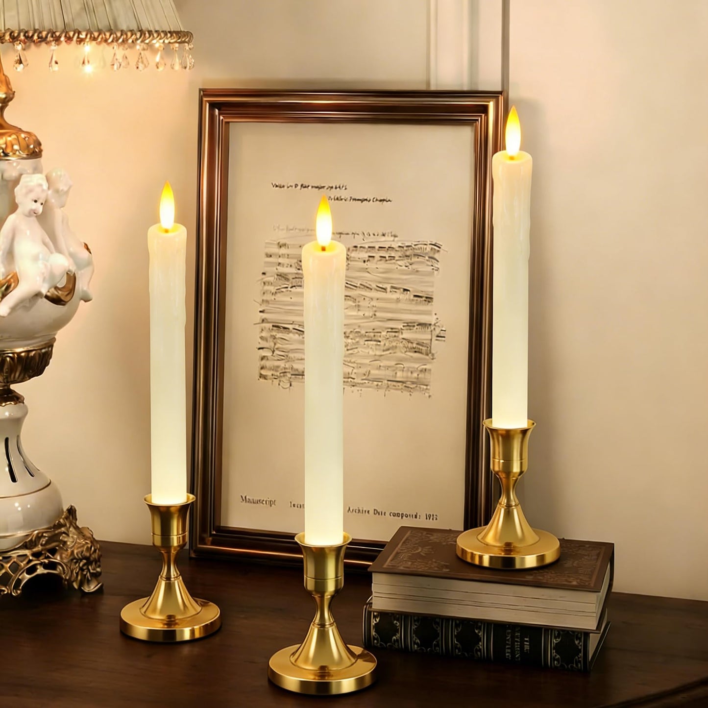 Lezonic Flameless Taper Candles with Remote Timer, Real Wax Battery Operated Flickering LED Fake Candles for Dining Table Centerpiece Wedding Christmas Mantel Decor, 0.8 x 9.5 inch