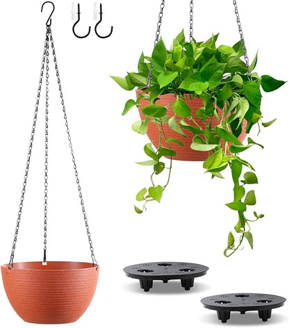 Set of 2 8 Inch Self Watering Hanging Planters for Indoor Outdoor Plants, Light Textured Hanging Baskets Flower Pots with Drainage Hole & Plug and 20" Chain Hanger