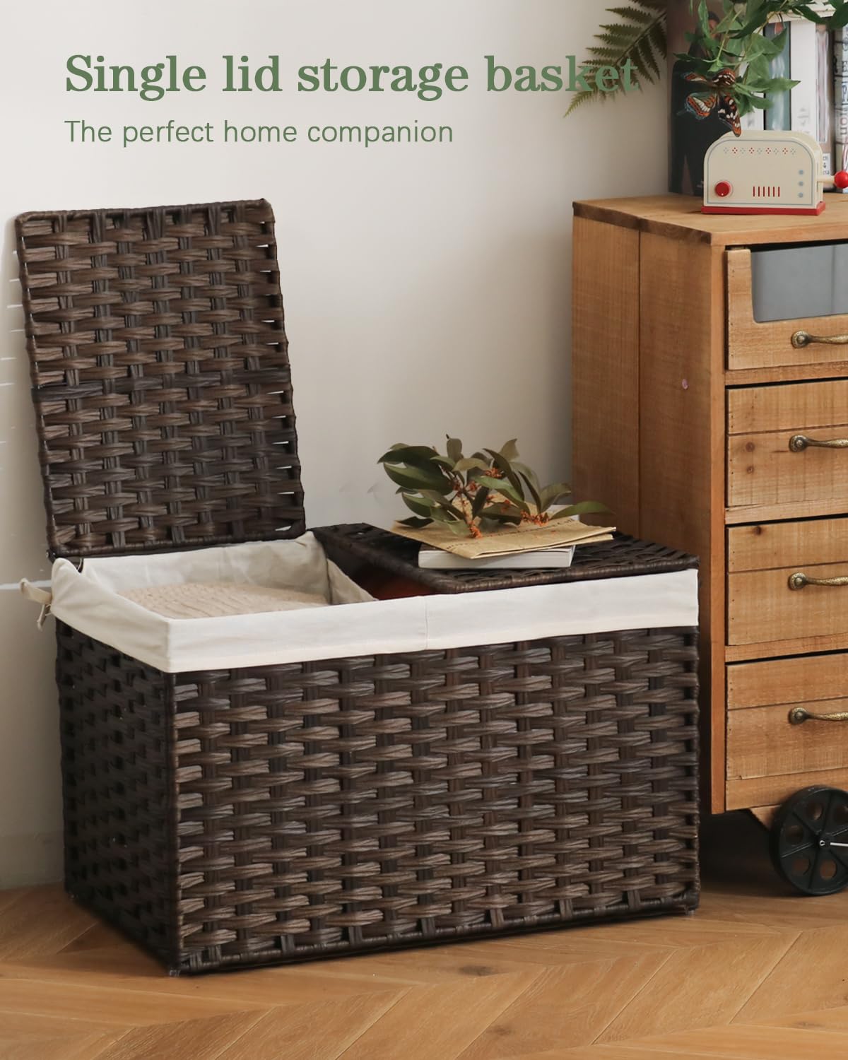 SETVSON Storage Basket with Lid Rattan Woven Storage Baskets with 2 Separate Lids, 17.2 Gallon (65 L), 22 x 13 x 13.8 Inches,Foldable, 2 Removable Liner Bags Handles for Bedroom, Laundry Room Brown