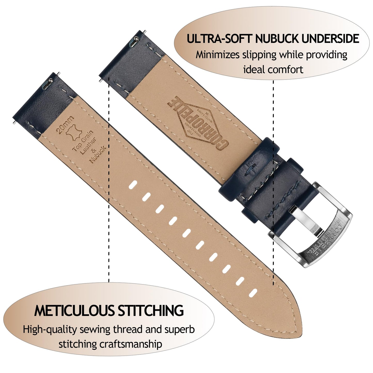 CORROPELLE Leather Watch Bands Quick Release, Elegant Top Grain Leather Watch Straps Band Replacement for Men and Women, Watch and Smartwatch, Choice of Width 18mm 19mm 20mm 21mm 22mm
