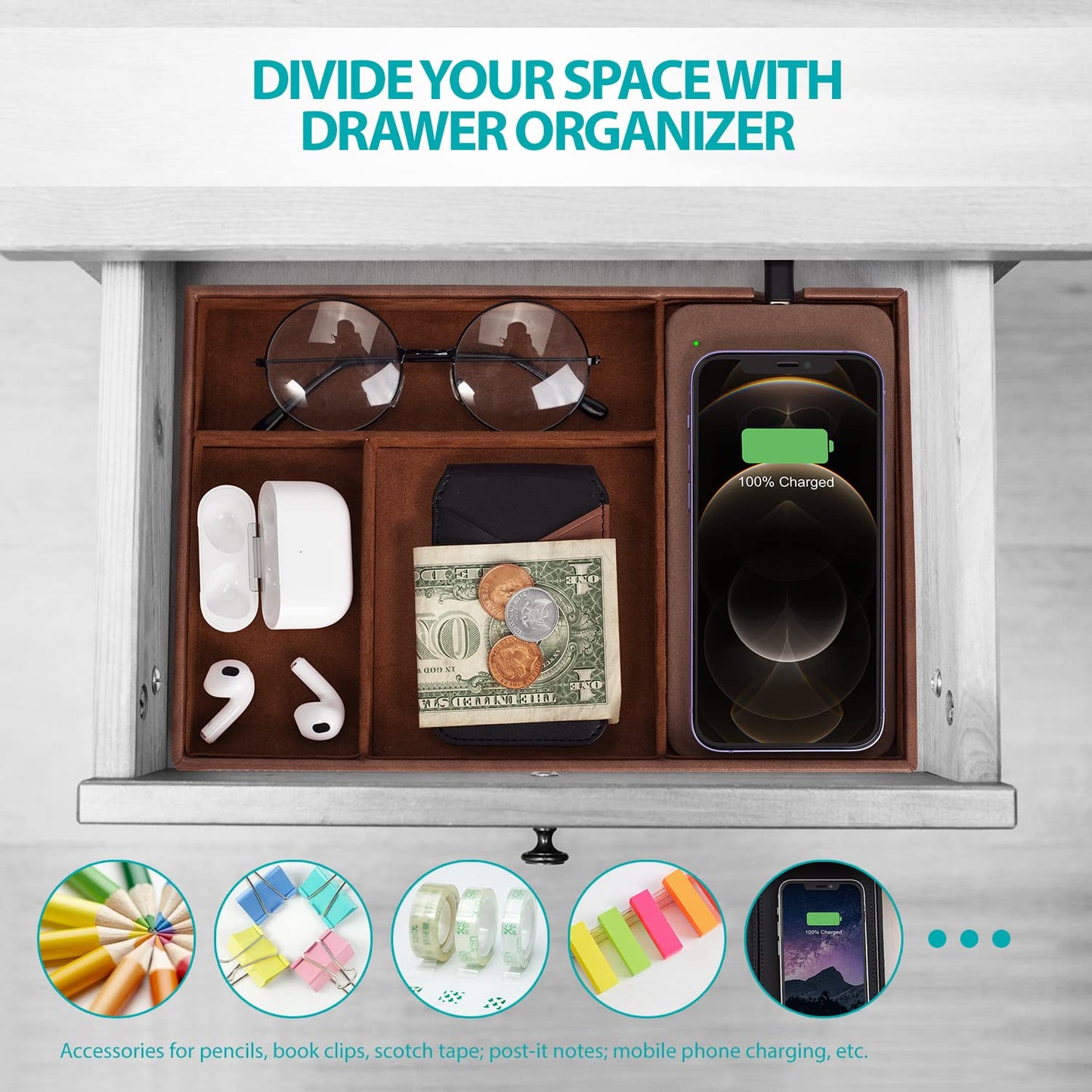 Valet Tray, Built in Wireless Charging Pad, Nightstand Organizer, Dresser Organizer, Mens Jewelry Box, Valet Charging Station, Faux Leather Valet Tray for Men and Women, Brown