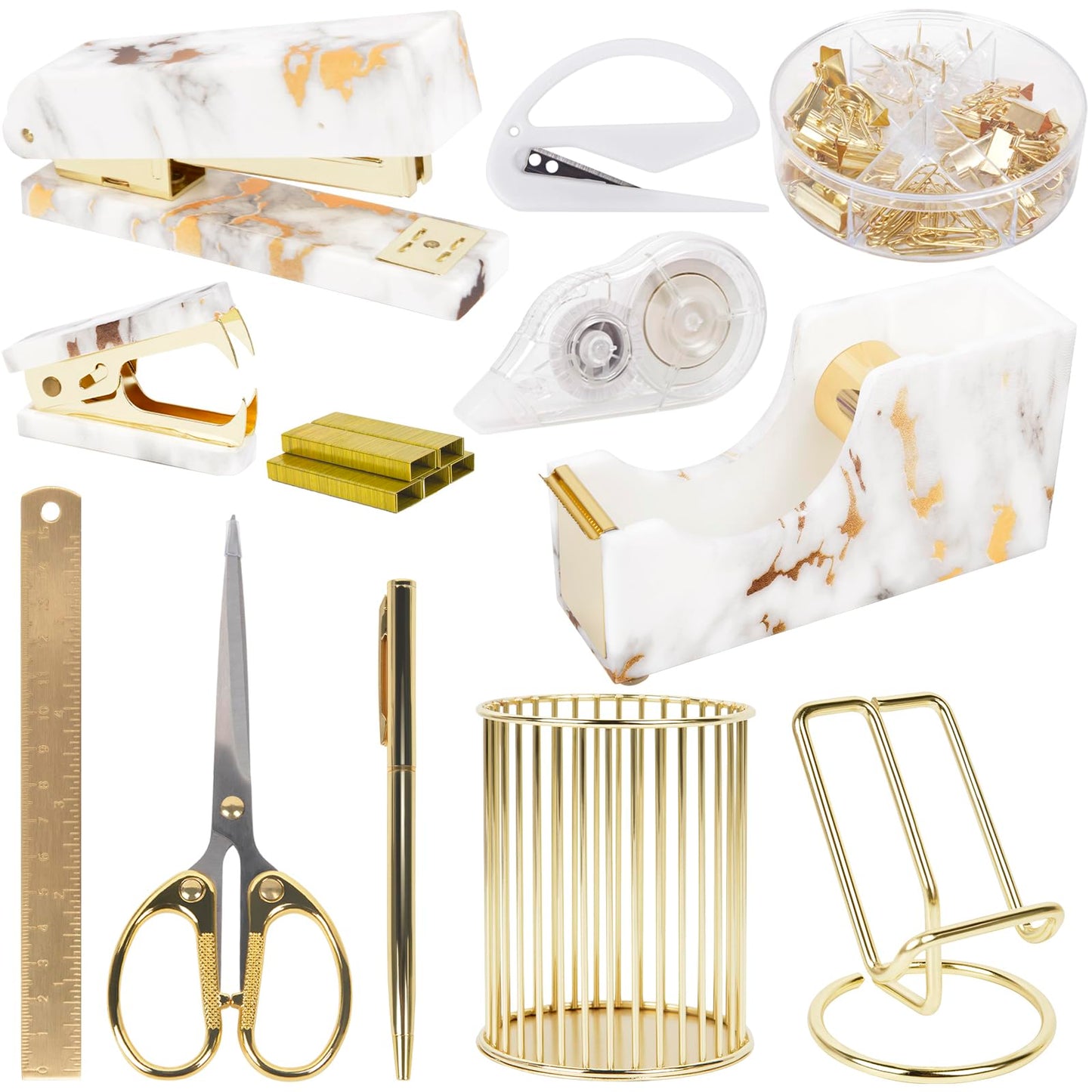 Office Desk Accessories Supplies - 13 Pcs Women Gold Marble Desk Decor Set, Cute Aesthetic Office Essentials Kit, Stapler Tape Dispenser Pen Organizer, Acrylic Mini Teacher Stuff for School Home Work