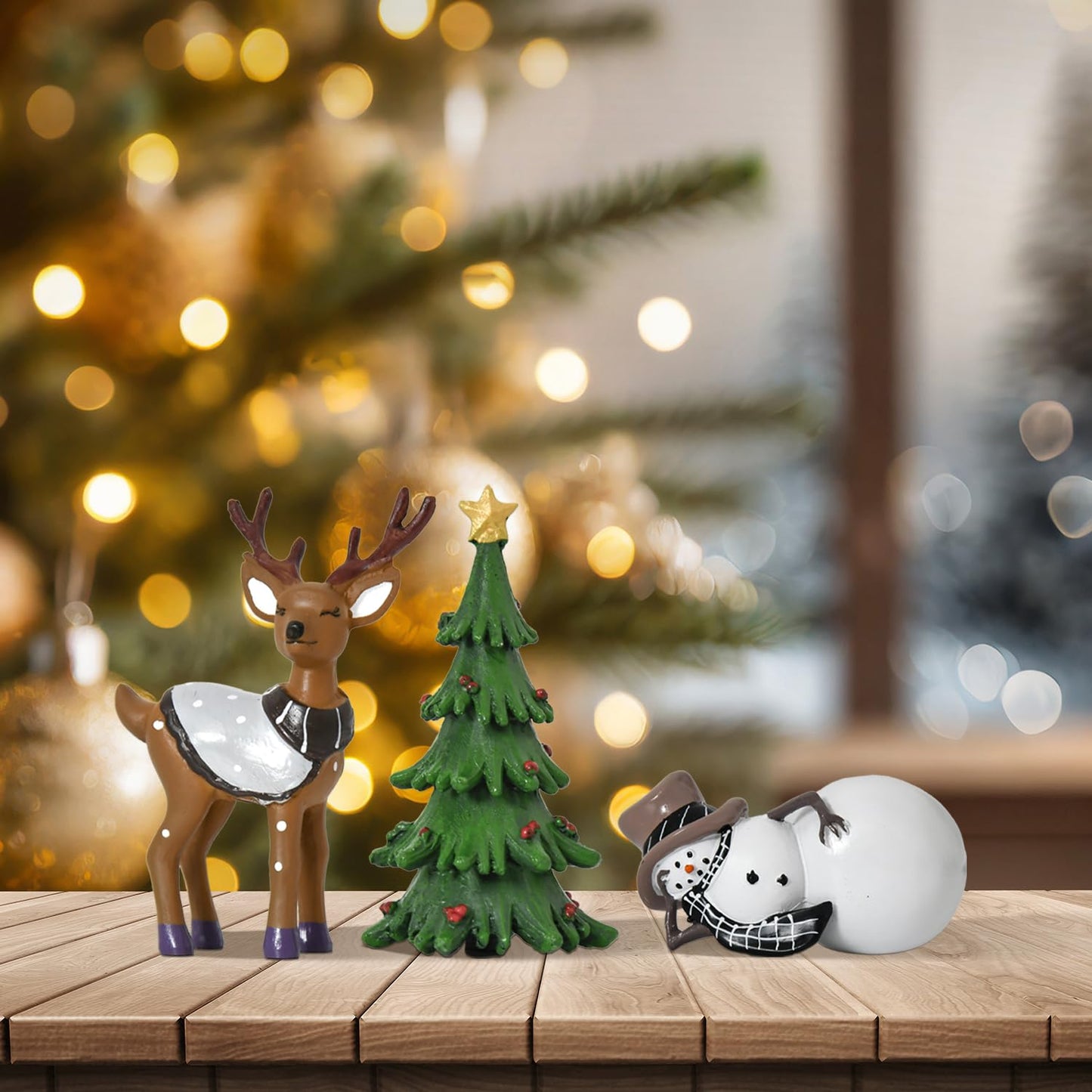Smile Christmas Indoor Decoration, Set of 3 Small Resin Figurines Snowman Christmas Tree, and Reindeer, Holiday Decor for Mantle Centerpieces and Tabletop