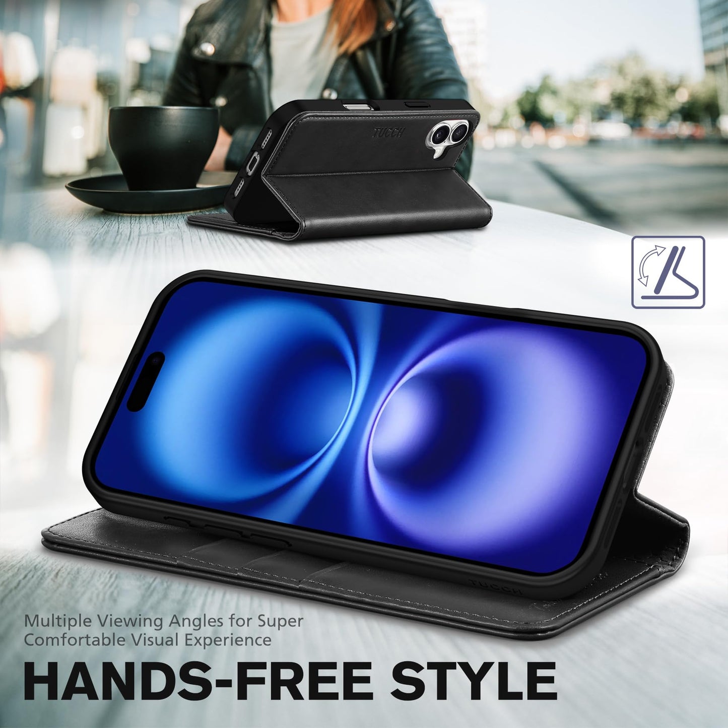 TUCCH Case Wallet for iPhone 16 Plus, [3 Card Holder Slots] Folio PU Leather Cover, [RFID Blocking] Stand Flip TPU Shockproof Interior Case Compatible with iPhone 16 Plus, Black