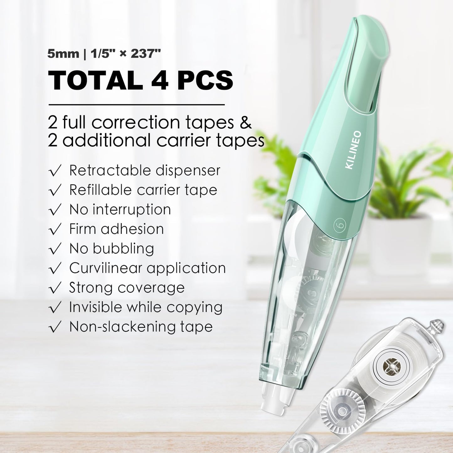 KILINEO Refillable Retractable White Correction Tape, Pen Shaped White Smooth Pull Out Japanese Aesthetic Cute Correction Tape for Office Supplies, 4 PCS (ZH-67)