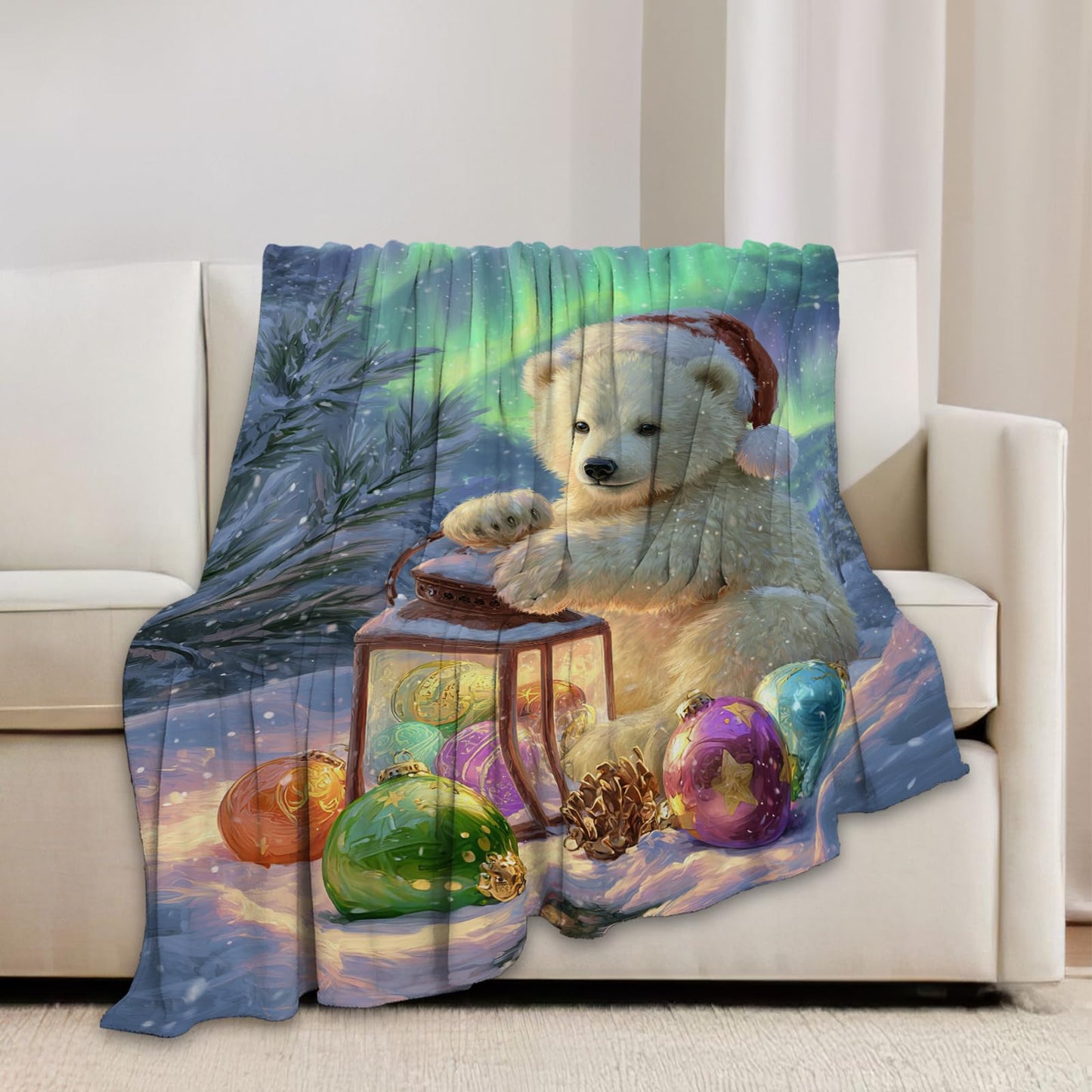 Christmas Polar Bear Blanket White Bear Winter Aurora Throw Blankets Gifts for Girls Boys Kids Animal Lovers Soft Cozy Fleece Plush for Couch Sofa Bed 50"x40"