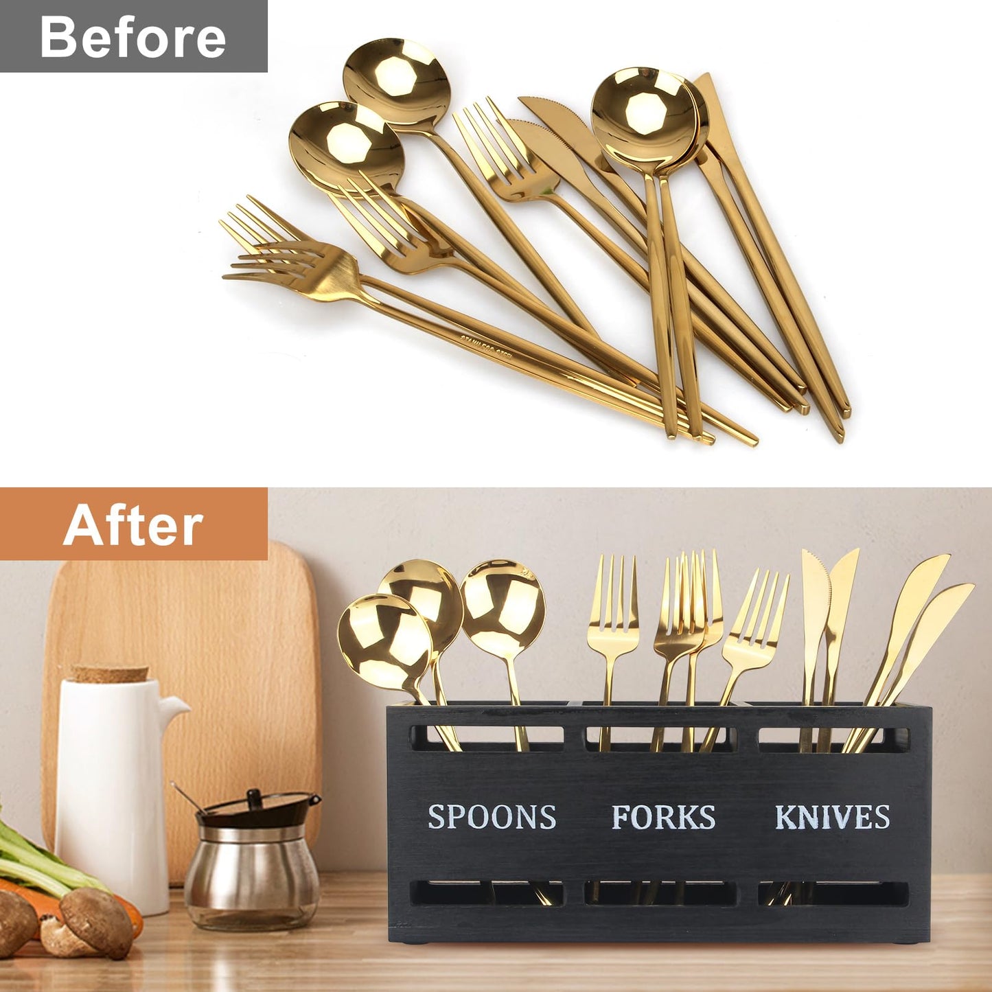 Ayiaren Wooden Silverware Caddy Flatware Cutlery Holder Wood Silverware Organizer Containers Small Black Kitchen Utensil Holder for Countertop Spoon and Fork Holder Flatware Utensils Caddy for Party