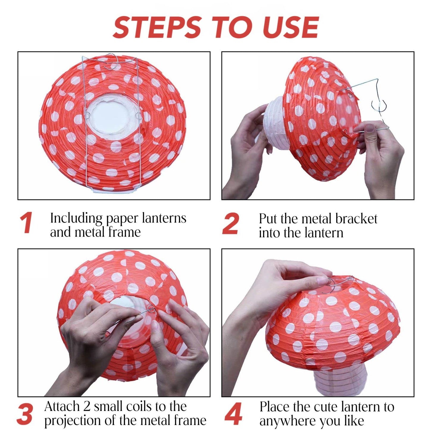 6Pcs Mushroom Paper Lanterns, 3D Mushroom Hanging Ornament for Wonderland Jungle Forest Themed Birthday Party Wedding Nursery Decor (Red, 6 Pack)